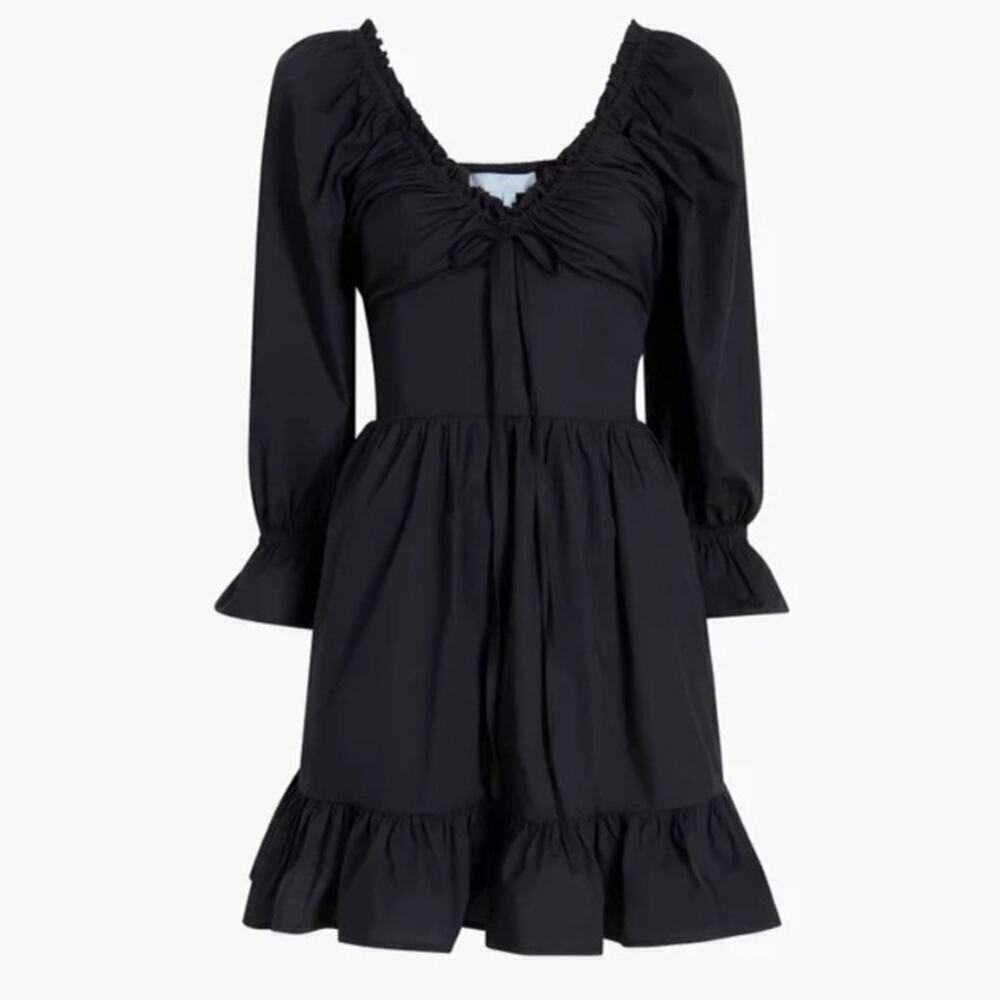 Hill House Samantha Cotton Long 3/4 Sleeve V Neck Ruffle A Line Mini Dress Black